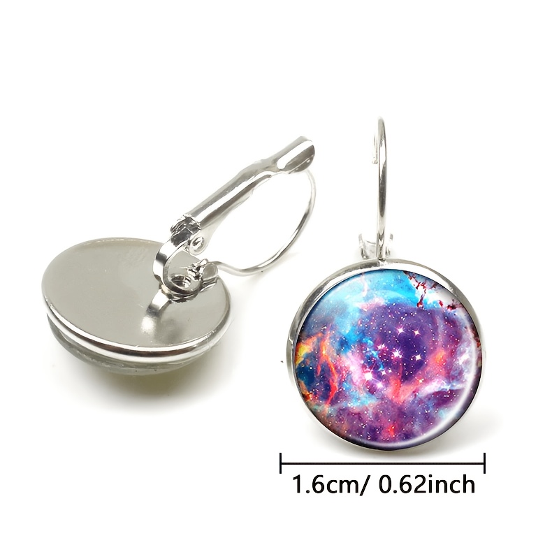 2pcs Round Glass Inlaid Base Earrings, Cosmic Nebula Design